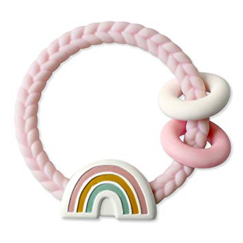 Silicone Teether with Rattle; Features Rattle Sound, Two Silicone Rings and Raised Texture to Soothe Gums; Ages 3 Months and Up; Rainbow