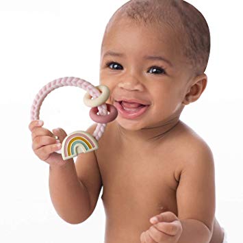 Silicone Teether with Rattle; Features Rattle Sound, Two Silicone Rings and Raised Texture to Soothe Gums; Ages 3 Months and Up; Rainbow